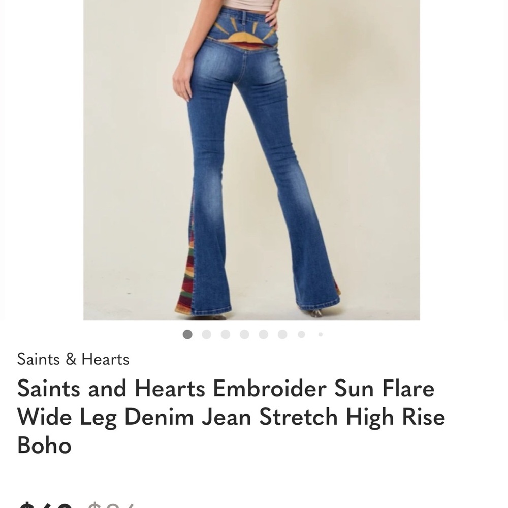 Saints and Hearts Embroidered Sun Flare Wide Leg Denim Jeans ☀️ 👖